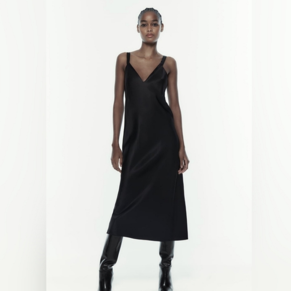 Zara Satin Lingerie Style Dress Black NWT